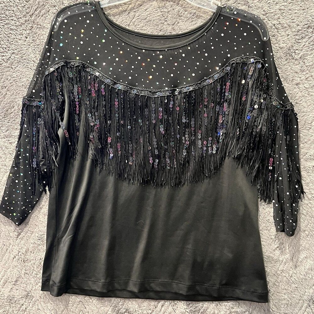 Vintage Fringe Top Womens L Black Sequin Rhinestone Mesh Western Country Blouse